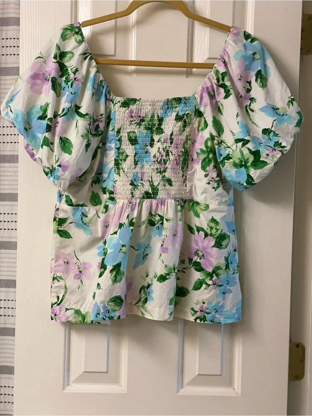Old Navy Multicolored Cotton Floral Puff Sleeve Smocked Back V-Neck Top Size XL